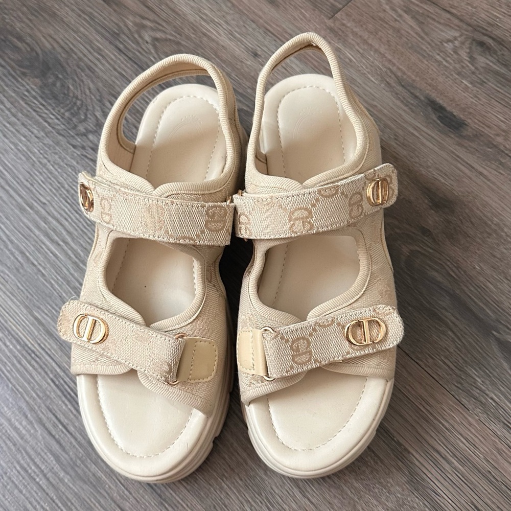 Beige Logo Canvas Sport Sandals with Gold Hardware